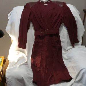 Maroon pleated long sleeve dress with belt